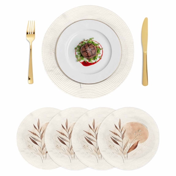 Beige Geometric Round 13 Inch Placemats Set of 4, Modern Abstract Art Botanical HeatResistant Non Slip Place Mats for Dining Table, Wipeable Braided Kitchen Table Mats for Housewarming