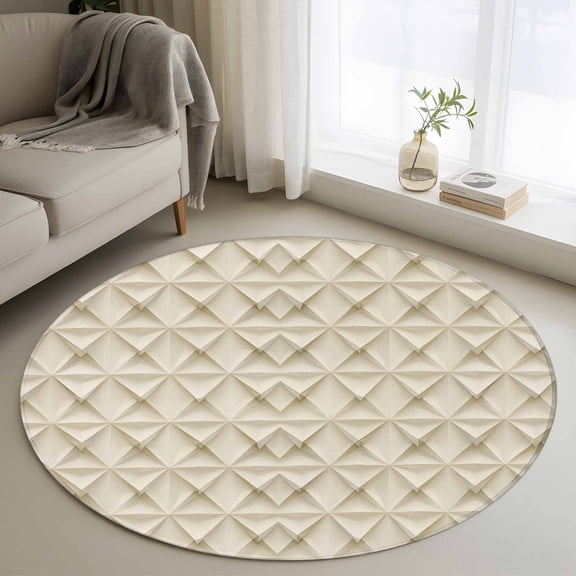 Beige Geometric Round Area Rug 4ft, Simplistic Chic Rustic Hexagon Pattern Washable Non-Slip Circle Rugs for Bedroom Living Room Kitchen, Soft Non Shedding Circle Carpet for Dining Room Dorm