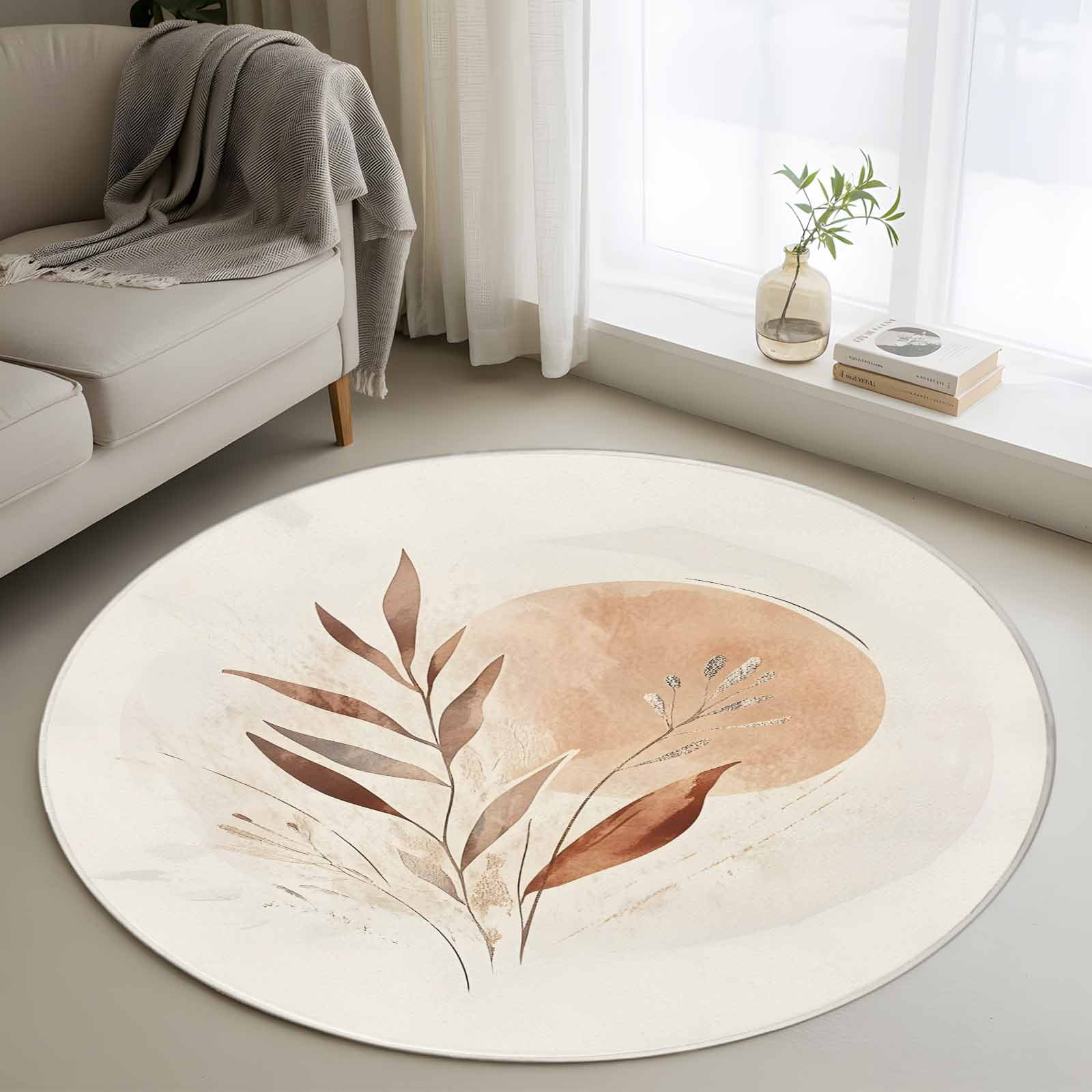 Beige Geometric Round Rug 4ft Washable Circle Entryway Rugs Non Slip ...