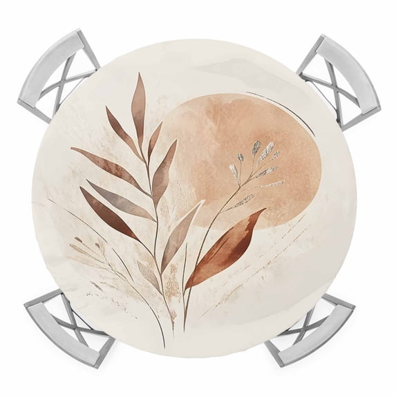 Beige Geometric Round Tablecloth for 45-54 Inch Tables, Fitted Table Cover with Elastic Edge, Modern Abstract Art Botanical Waterproof Outdoor Table Cloth Protector for Patio Garden Dinner Picnic