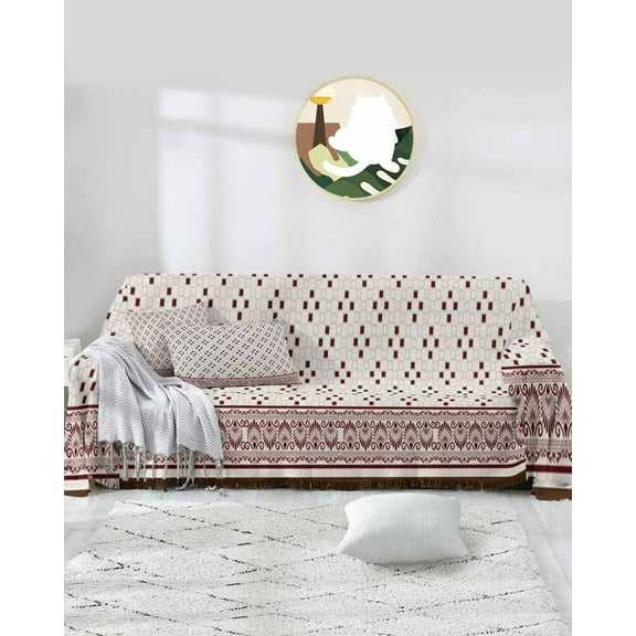 Beige Geometric Sofa Covers for 3 Cushion Couch,Washable Sectional & L Shape Couch Covers for Dog/Cat/Kids,Boho Abstract Bohemian Gradient Tribal Non Slip Sofa Slipcover Tassel Futon Cover 71x150