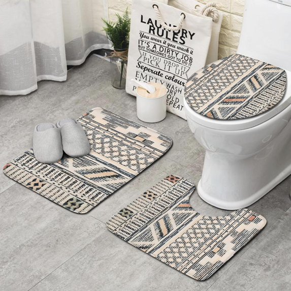 Beige Geometric Stripe Diamond Pattern Bathroom Rugs Sets 3 Piece,Toilet Cover Set,Absorbent Non Slip Bathroom Mats Sets with U-Shaped Contour Rug Toilet Rug Set