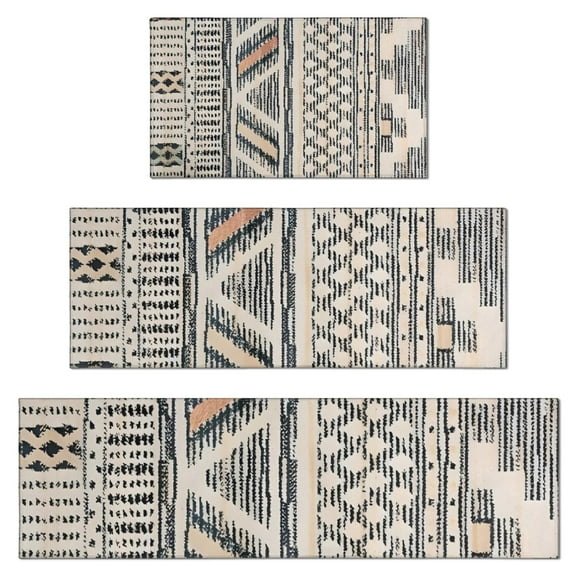 Beige Geometric Stripe Diamond Pattern Kitchen Rugs Sets Of 3,Kitchen Runner Rugs Non Skid Washable,Decorative Kitchen Floor Mats for Kitchen,Sink,Laundry,17"x30"+ 17"x47" + 17"x59"