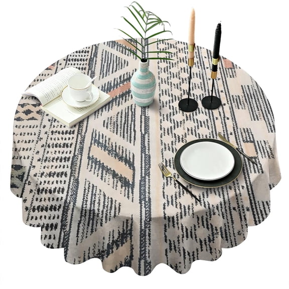 Beige Geometric Stripe Diamond Pattern Round Tablecloth 60"x60",Wrinkle Wipeable Table Cloth for Kitchen Dining Room Picnic Patio Party