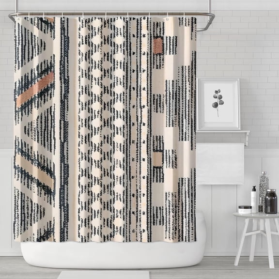 Beige Geometric Stripe Diamond Pattern Shower Curtain 84"x72" ,Bathroom Decorative Shower Curtains Set with 12 Hooks,Modern Waterproof Washable Shower Curtain