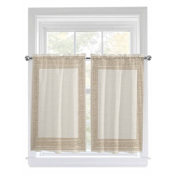 Beige Geometric Tier Curtains 45 Inches Long, Brown Greek Key Design Burlap Modern Art Window Treatment Curtain Drapes, Window Half Privacy Curtains for Bedroom Bathroom, 42"x45", 2 Panels