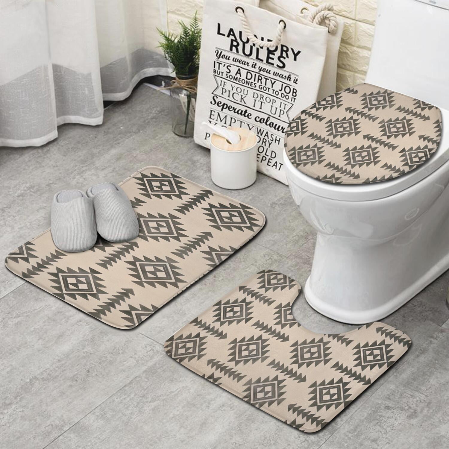 Beige Geometric Triangle Diamond Pattern Bathroom Rugs Sets 3 Piece ...