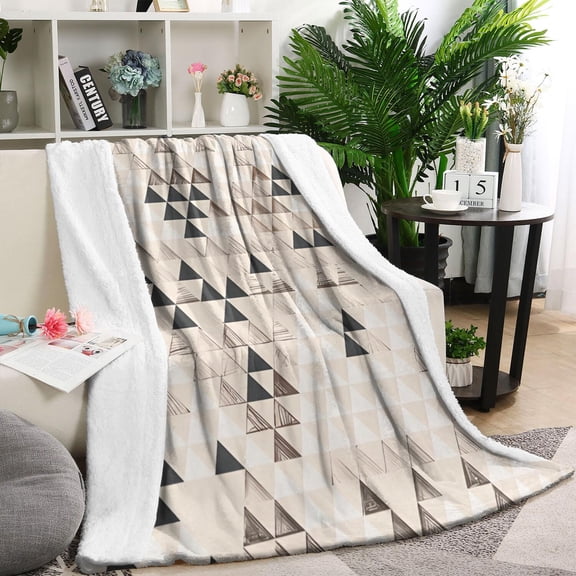 Beige Geometric Triangle Pattern Blanket,Comfortable Soft Lamb Wool Throw Blanket,All Season,Warm Lightweight Blankets for Sofa Bed Couch Living Room Chair,60"x80"