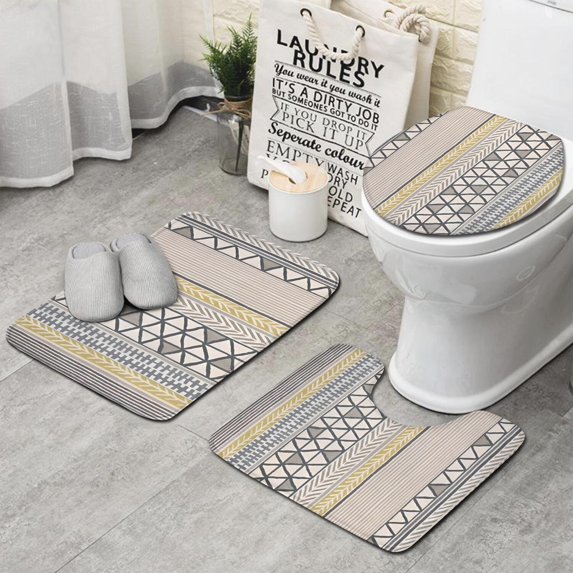 Beige Geometric Triangle Stripe Pattern Bathroom Rugs Sets 3 Piece,Toilet Cover Set,Absorbent Non Slip Bathroom Mats Sets with U-Shaped Contour Rug Toilet Rug Set