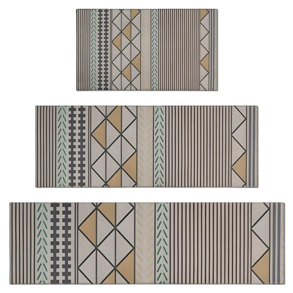 Beige Geometric Triangle Stripe Pattern Kitchen Rugs Sets Of 3,Kitchen Runner Rugs Non Skid Washable,Decorative Kitchen Floor Mats for Kitchen,Sink,Laundry,17"x30"+ 17"x47" + 17"x59"