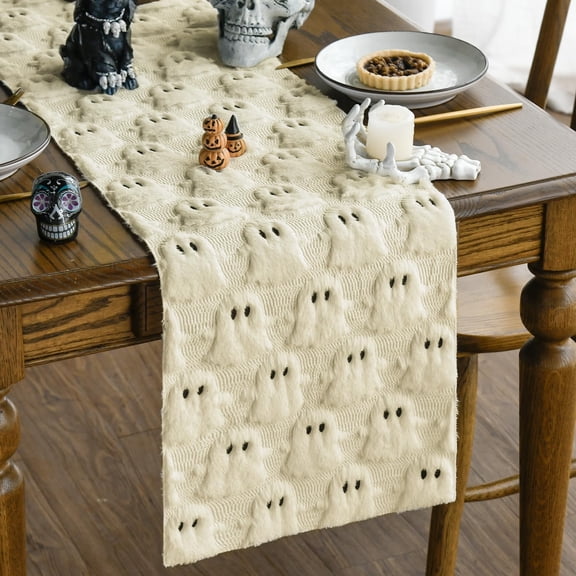 Beige Ghost Soft Plush Faux Fur Jacquard Halloween Table Runner, Holiday Kitchen Dining Table Decoration for Home Party Decor 13x60 Inch