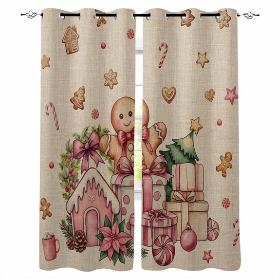 Beige Gingerbread Christmas Blackout Curtains for Bedroom - 84 Inch Long Light Blocking 2 Panels Set, Xmas Tree Gift House Star Thermal Insulated Living Room Drapes Grommet Window Curtains 52"x84"