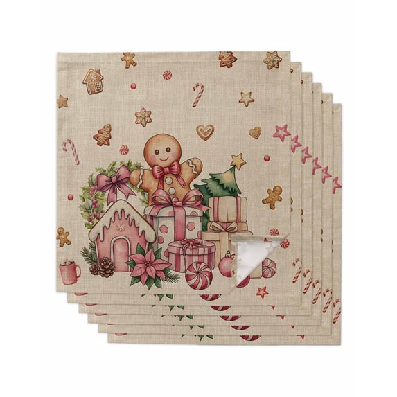 Beige Gingerbread Christmas Cloth Napkins Set of 6 Reusable Dinner Napkins, Xmas Tree Gift House Star Cocktail Napkin Washable Table Napkins for Wedding/Holiday Party/Baby Shower 20"x20"