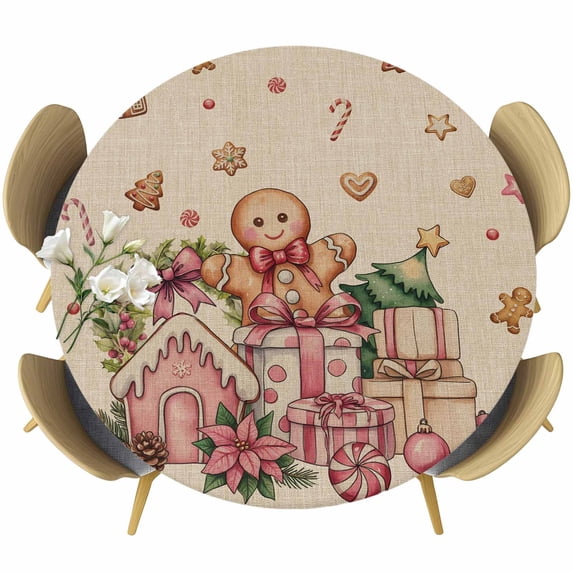 Beige Gingerbread Christmas Round Tablecloth, Fitted Table Cover with Elastic for 45"-54" Round Tables, Xmas Tree Gift House Star Table Cloth Outdoor Indoor Dinning Party Waterproof Tablecloths