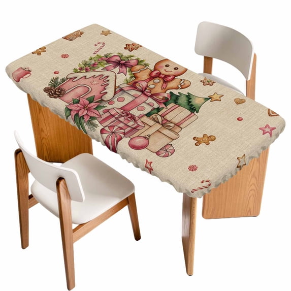 Beige Gingerbread Christmas Table Cloths for 3 Foot Rectangle Tables, Xmas Tree Gift House Star Patio Waterproof Elastic Fitted Tablecloths, Washable Rectangular Table Cover for Camping