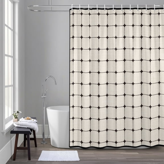 Beige Gingham 54x78 Inches Waterproof Shower Curtain, Modern Minimalist Black Line Grid Points Checkered Bath Curtain Set with 12 Hooks Washable Shower Curtains for Bathroom Bathtub Decor