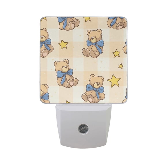 Beige Gingham Bear with Bows Stars LED Night Light Sensor Lamp Plug-in Adjustable Brightness 2 Pack