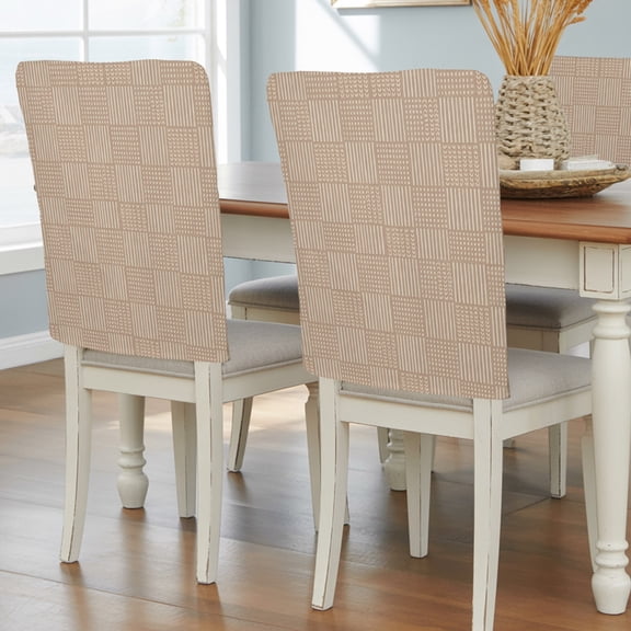 Beige Gingham Chair Back Covers Set of 1, Country Vintage Minimalist Stripes Lines Checkered Removable Dining Seat Cover Washable Kitchen Chair Slipcovers Protective for Party Decoration 19x20in