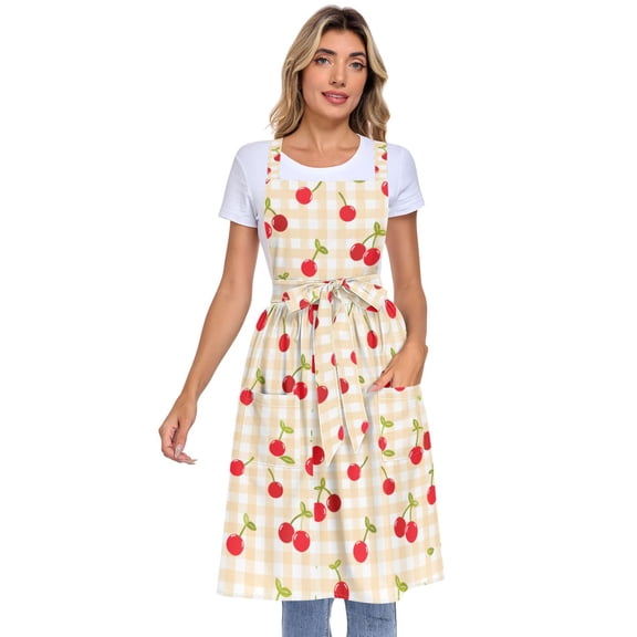 Beige Gingham Cherry Printed Womens Aprons Adjustable Long Tie Aprons for Women for Floral Art Cooking Baking