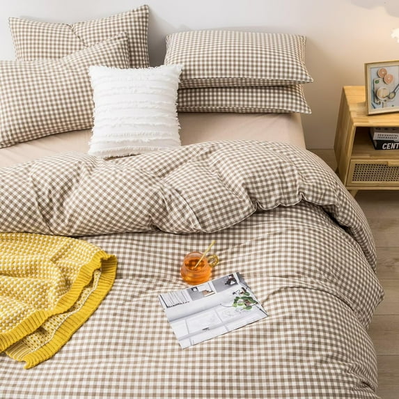Beige Gingham Comforter Set Twin XL, Plaid Comforter Set 3 Pieces 1 Beige Grid Comfoter with 2 Pillow Cases for All Seasons, Soft Fluffy Modern Grid Pattern Printed Bedding-Twin XL Size