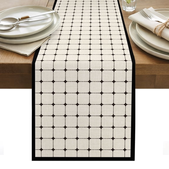 Beige Gingham Cotton Linen Table Runner Modern Minimalist Black Line Grid Points Checkered Dining Table Runners for Home Decor Party Dining Room Restaurant Kitchen Party 13" x 48"