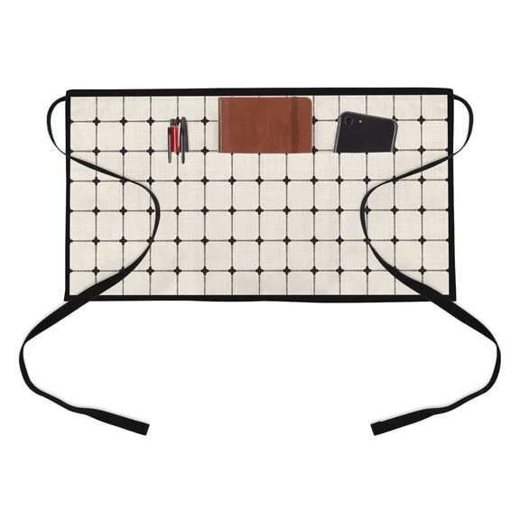Beige Gingham Kitchen Restaurant Half Waist Apron, Modern Minimalist Black Line Grid Points Checkered Server Short Apron with 3 Pockets Waterproof Oil Waist Aprons for Women Waitress Waiter