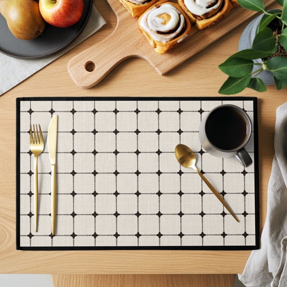 Beige Gingham Placemats Set of 1, Modern Minimalist Black Line Grid Points Checkered Non-Slip Place Mats Washable Table Mats for Kitchen Dining Table Decorations Indoor/Outdoor