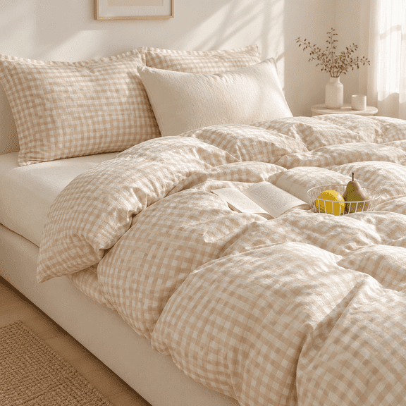Beige Gingham Queen Size Microfiber Bedding Comforter Set with Pillowcases