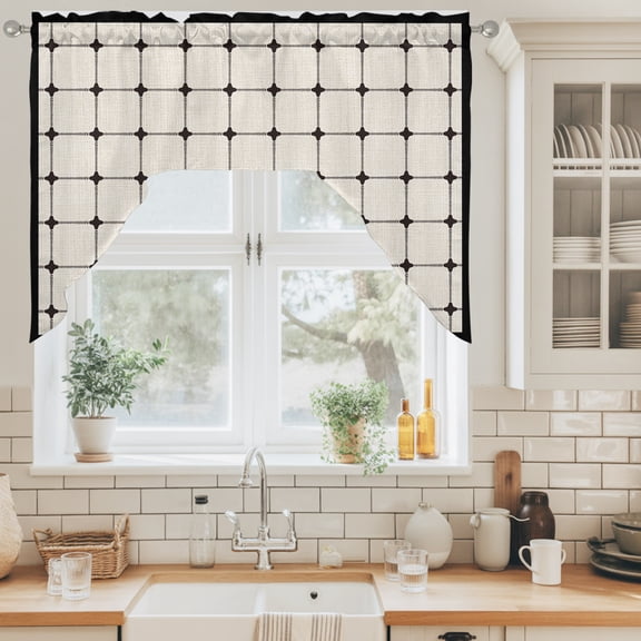 Beige Gingham Swag Curtain Valance for Windows, Modern Minimalist Black Line Grid Points Checkered Swag Curtains Drapes Rod Pocket for Kitchen Bathroom Small Window, 1 Panel 56x36in