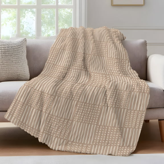 Beige Gingham Throw Blanket for Couch Country Vintage Minimalist Stripes Lines Checkered Soft and Warm Flannel 3D Striped Fuzzy Fleece Blanket Lightweight Throw for Bed, Sofa 30 x 40 Inches