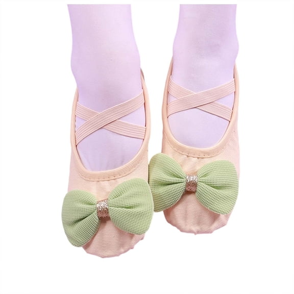 Beige Girls Bow Exercise Slippers With Flexible Sole For Ballet And Body Workouts, No Tie Lace Up Free In Canvas Material