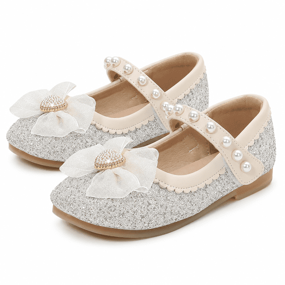 Beige Girls Glitter Mary Jane Dress Shoes with Pearl Strap and Flower Bow Size 1, Princess Party Flats for Big Kids