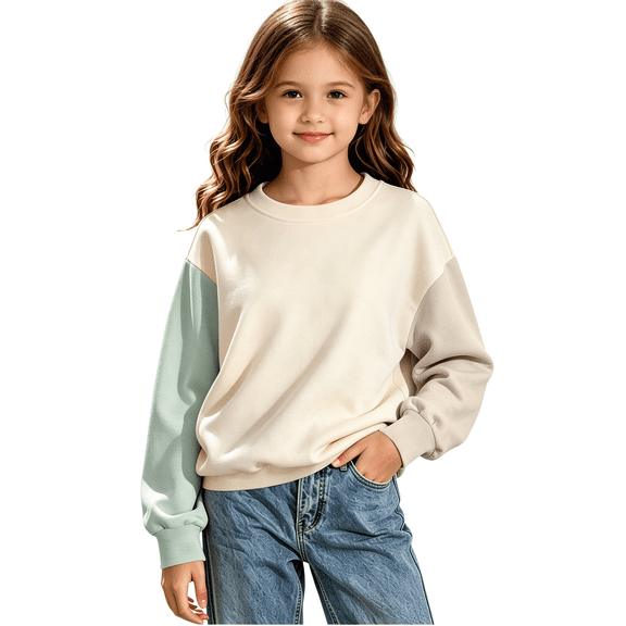 Beige Girls Long Sleeve Crew Neck Pullover 5-6 Years,Casual Athletic Top for School Daily Wear Fall Spring Outfits