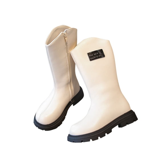 Beige Girls Mid Calf Boots With Vintage Style And Synthetic Leather, Lightweight For Play And Outings