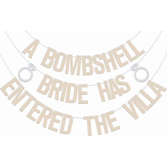 Beige Glitter "A Bombshell Bride Has Entered The Villa" Banner with Rings, Bachelorette / Bridal Shower Party Supplies
