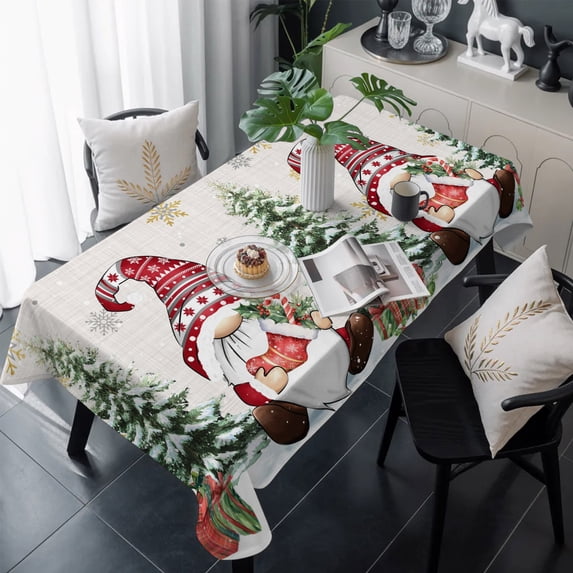 Beige Gnomes Christmas Table Cloth Waterproof Tablecloths, Xmas Tree Snowflake Winter Gifts Tablecloth Dining Table Cover for Kitchen Party Tabletop Outdoor, Rectangle Tablecloth 54x108 Inch