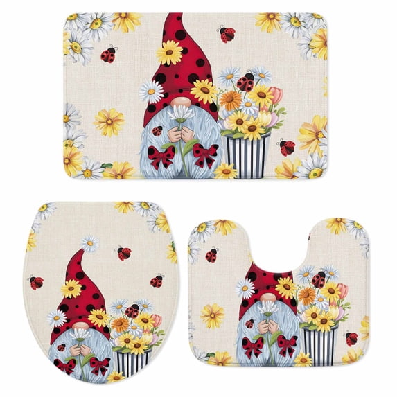 Beige Gnomes Daisy Bath Mat 3 Piece Bathroom Rug Set, Pastoral Country Garden Floral Non Slip Bath Rug Contour Mat and Toilet Lid Cover, Absorbent Shower Mats Soft Bath Rugs and Mats Sets