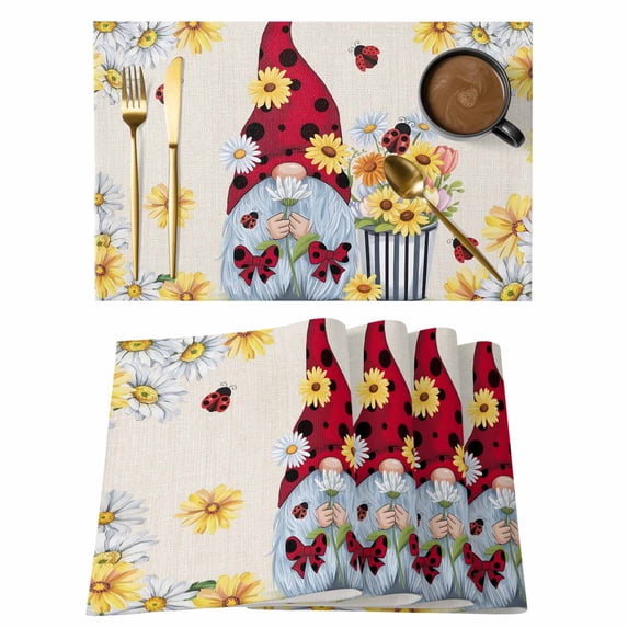 Beige Gnomes Daisy Placemats Set of 12, Pastoral Country Garden Floral Placemats for Dining Table, Place Mats for Kitchen Tabletop, Waterproof Wipeable Dining Table Mats Set