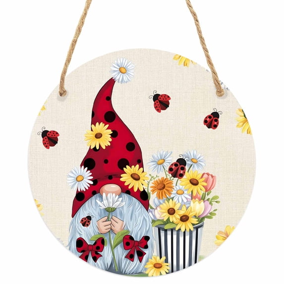 Beige Gnomes Daisy Round Front Door Welcome Sign, 5.9 Inch Wall Hanging Decor for Indoor Outdoor, Pastoral Country Garden Floral Home Porch Hanger Decorations for Holiday Gift
