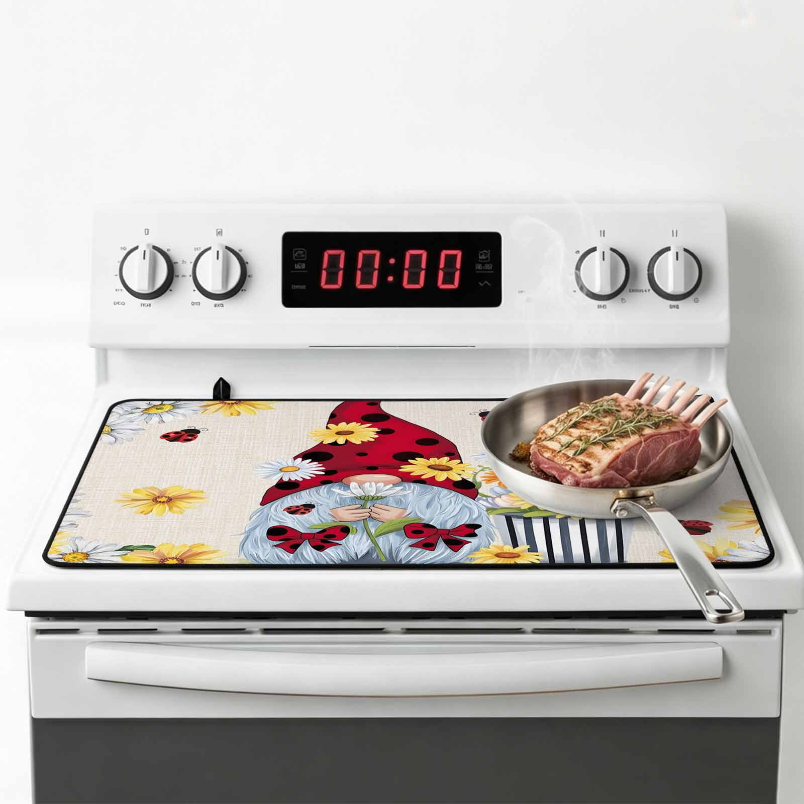 Beige Gnomes Daisy Stove Top Cover for Electric Stove, Heat-proof & Non Slip Glass Top Stove Cover Protector, Pastoral Country Garden Floral Kitchen Flat Cooktop Rubber Mat 36x21 Inches