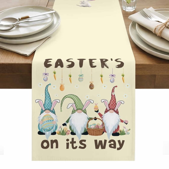 Beige Gnomes Easter Table Runner - 60 Inch Long, Kitchen Dining Table Runner Dresser Scarves, Eggs Botanical Carrot Pastoral Farmhouse Decor for Coffee Tables Wedding Party Banquet