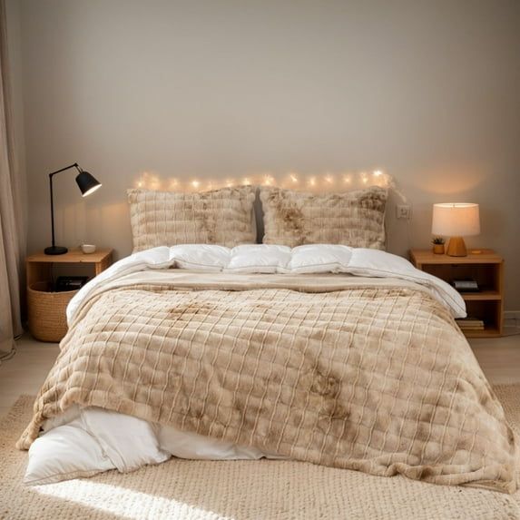 Beige Gold / Ash Gray / Wine Red & Blush Pink Plush Duvet Cover Set, 3-Piece Faux Fur Bedding Set Luxury Fluffy Comforter Cover with Hidden Zipper, Warm Cozy Bedding for Bedroom Decor