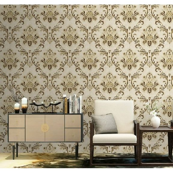 Beige/Gold/Brown/Yellow Damask Embossed Textured Thick Wallpaper Roll for Living Room Bedroom Decorative 20.86“ x 32.8'