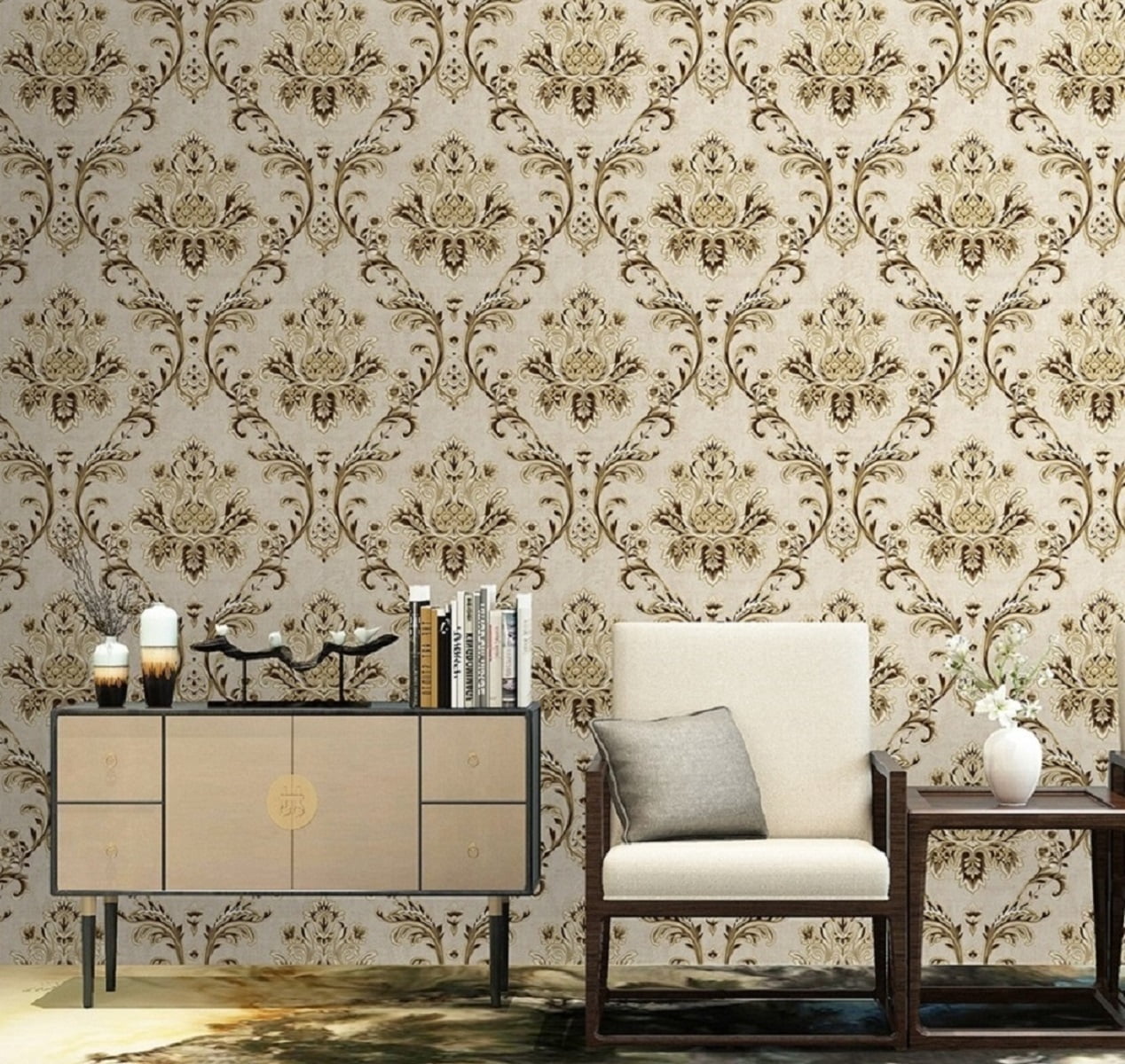 Beige/Gold/Brown/Yellow Damask Embossed Textured Thick Wallpaper Roll for Living Room Bedroom Decorative 20.86“ x 32.8'