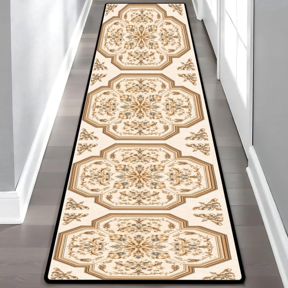 Beige Gold Octagonal Medallion Hallway Runner Rug, French Country Long Floor Mat, Non-Slip Washable Vintage Ornate Rug for Entryway Kitchen