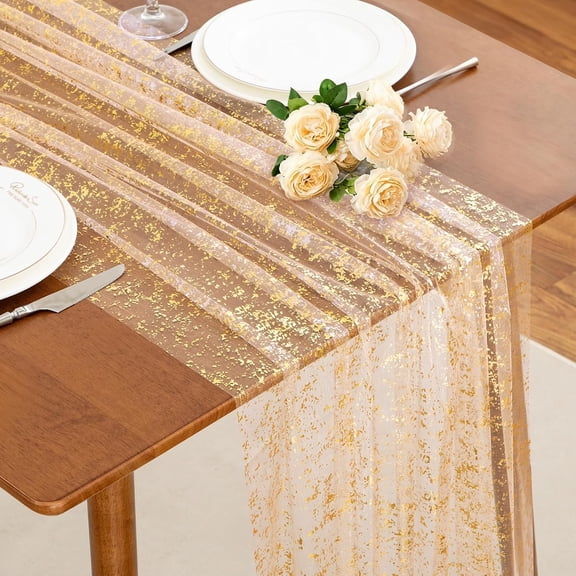Beige Gold Table Runner 120 Inch 10 Ft, Sheer Gauze Tulle Sequin Golden Glitter Metallic Foil Table Runners for Dining Wedding Anniversary Party Birthday Christmas Thanksgiving