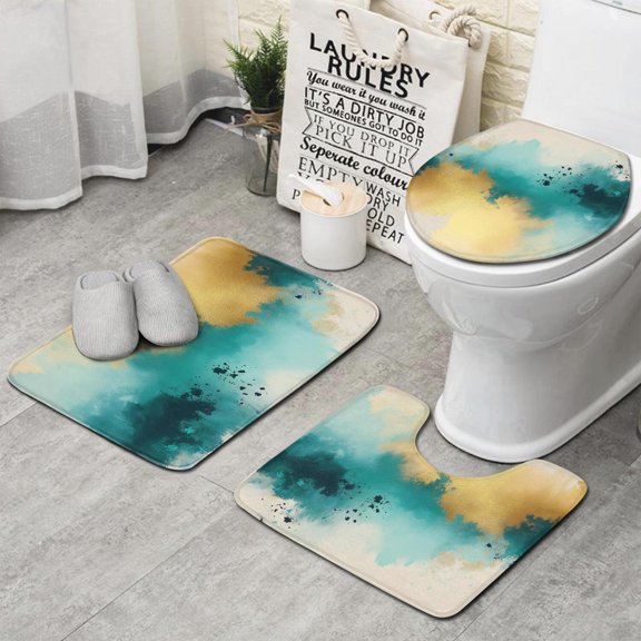 Beige Gold Teal Splash Pattern Bathroom Rugs Sets 3 Piece,Toilet Cover Set,Absorbent Non Slip Bathroom Mats Sets with U-Shaped Contour Rug Toilet Rug Set