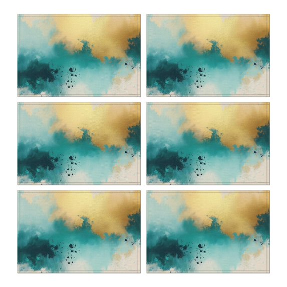 Beige Gold Teal Splash Pattern Summer Placemats Table Placemats Set Of 6-Linen Kitchen Washable Placemats Table Mats 11.8"x17.7" Non-Slip Heat Resistant
