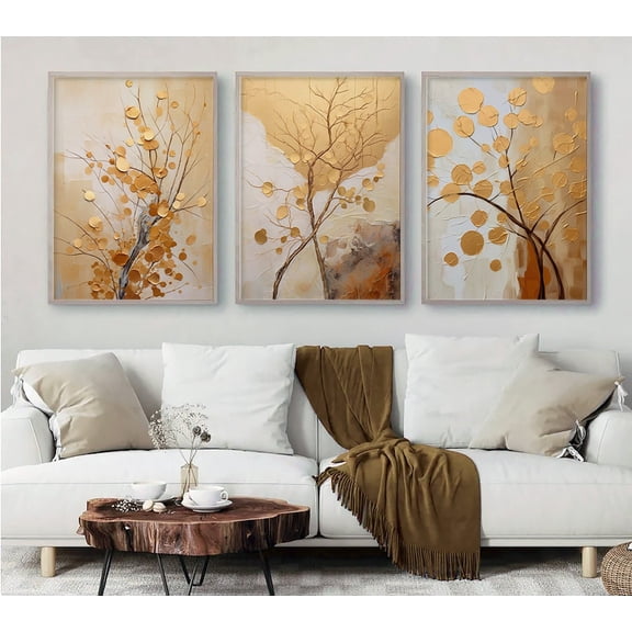 Beige Gold Tree Branch Abstract Wall Art Set 3 Unframed Paper Print 8x12