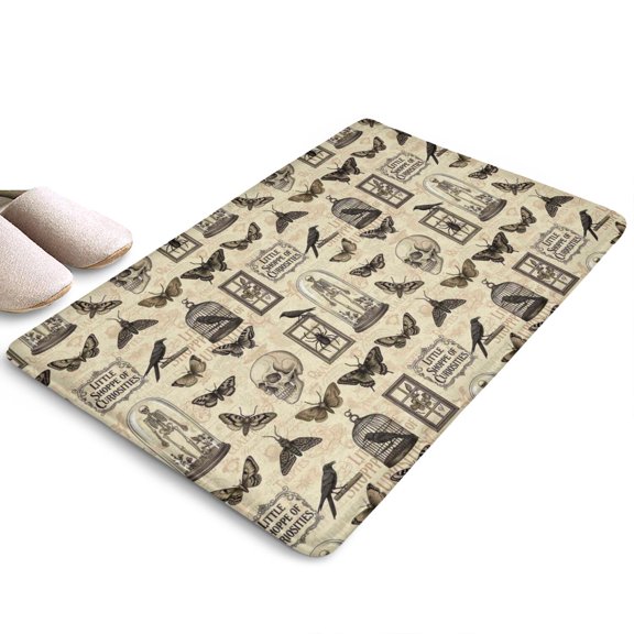 Beige Gothic Skull Butterfly Birdcage Flannel Non Slip Door Rugs,Washable Door Mats Indoor,Decorative Door Mats,Dirt-Resistant and Absorbent Doormat for Entrance,Bedroom,Kitchen,Bathroom,31.5"x17"